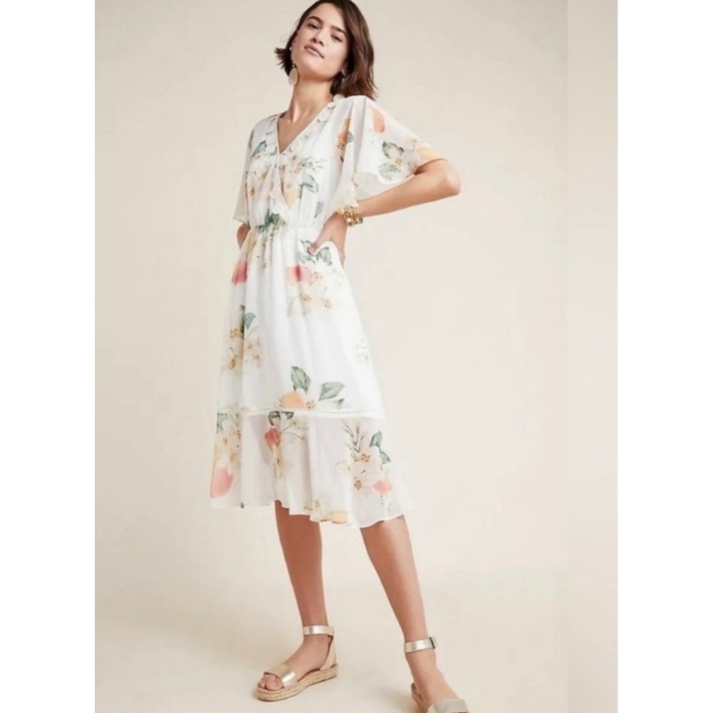 Farm Rio x Anthropologie Eloisa Peach Floral Midi Dress Flutter Sleeve White Sm - Picture 3 of 9